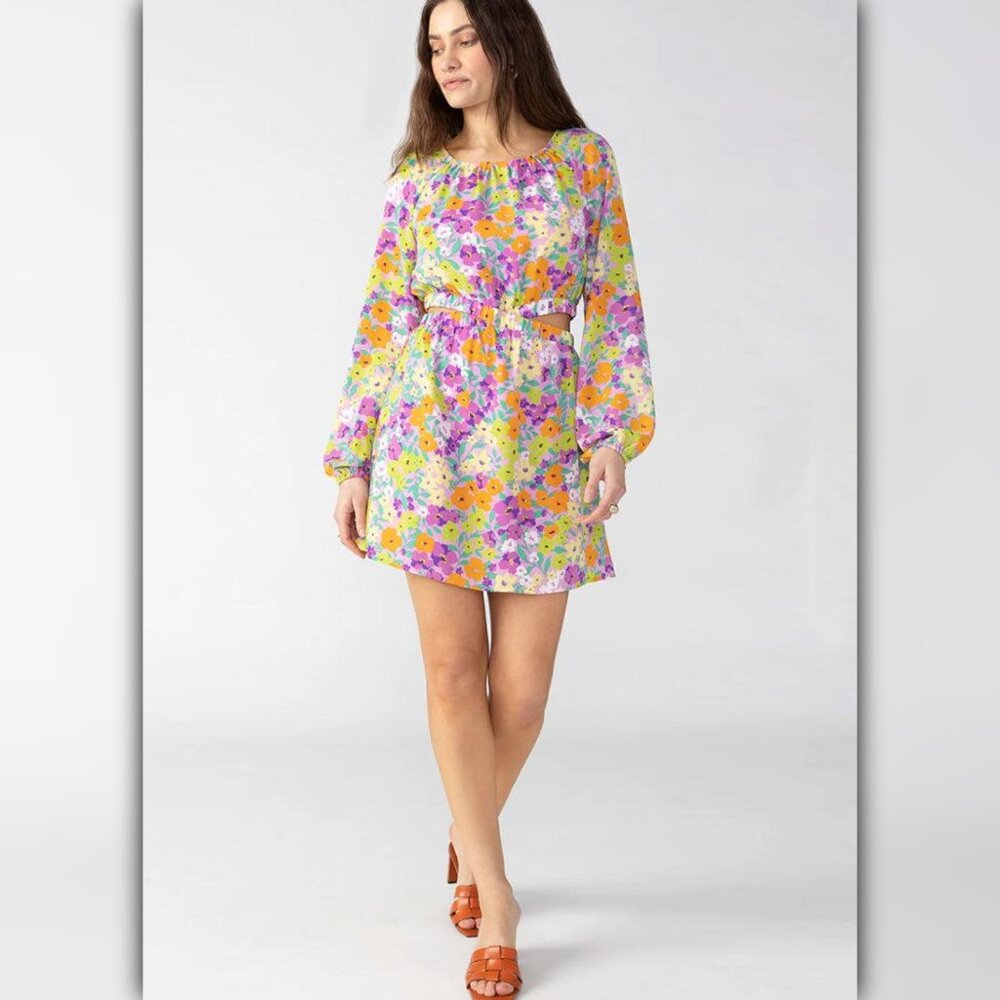 A206 • Floral Cutout Belted Puff Sleeve Mini Dress